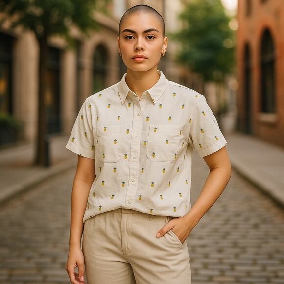 Rae Dunn Pineapple Linen Button-Down Shirt NWT Size Large - Picture 2 of 13